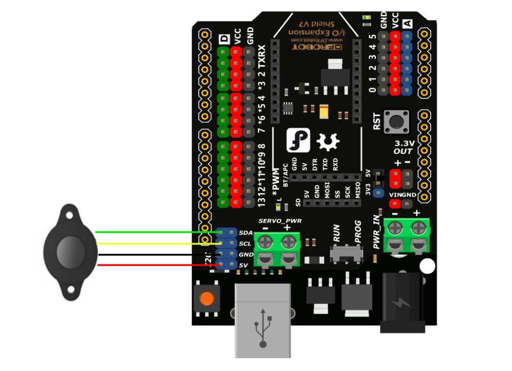圖: 激光測距傳感器和Arduino IO擴展板的連線圖
