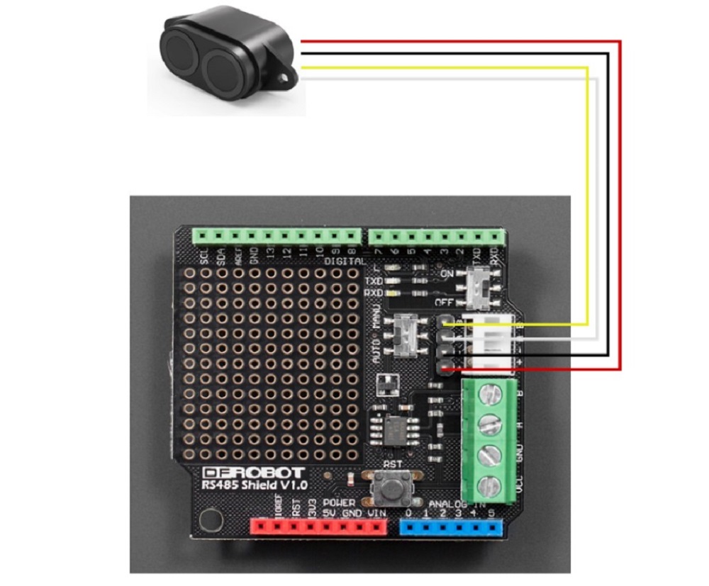 圖: RS485超聲波距離測距傳感器和Arduino TTL到RS485擴展板的連線圖