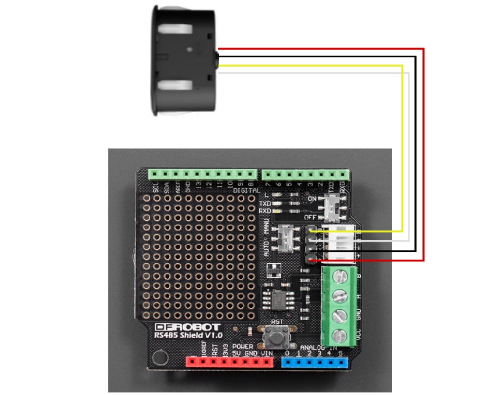 圖: RS485超聲波測距傳感器和Arduino TTL到RS485擴展板的連線圖