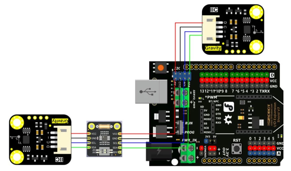 圖示：Fermion I2C 位址轉換模組與 Arduino UNO 的接線圖