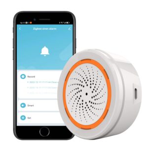 Tuya ZigBee USB 智慧警報器外觀特寫與手機 App 聯動畫面